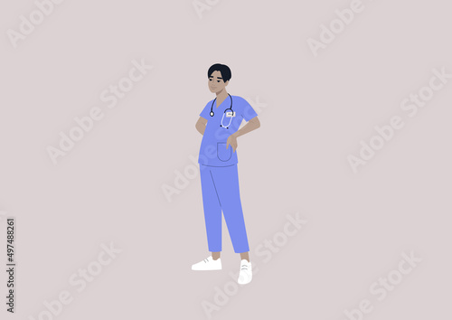 A young male Asian doctor wearing a uniform, healthcare and medicine