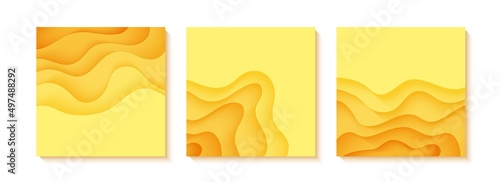 Srt of abstract yellow flyers in cut paper style. Cutout orange wallpaper. Wavy template for save the Earth posters, eco brochures, business presentations. Vector card illustration