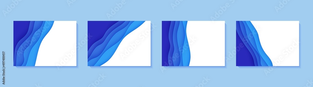 Set of flyers with blue waves in paper cut style. Collection of three papercut art empty banners for environment or World Water day. Vector advertising poster template for Save the Oceans day 8 june. Set of flyers with blue waves in paper cut style. Collection of three papercut art empty banners for environment or World Water day. Vector advertising poster template for Save the Oceans day 8 june.