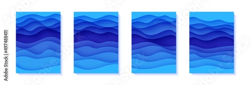 Set of flyers with blue waves in paper cut style. Collection of three papercut art empty banners for environment or World Water day. Vector advertising poster template for Save the Oceans day 8 june.
