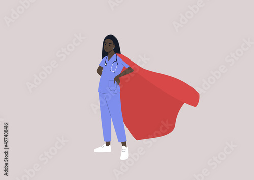 A young female African doctor wearing a red cape, superheroes at work