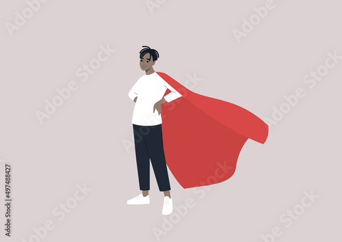 A young male African character wearing a red cape, superpower in daily life