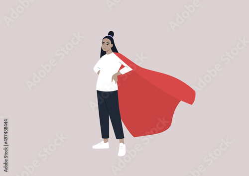 A young female Asian character wearing a red cape, superpower in daily life