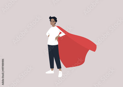 A young male Caucasian character wearing a red cape, superpower in daily life