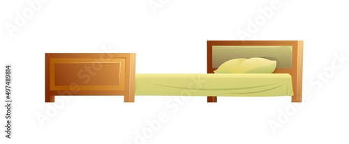 Beauty modern bed with mattress and pillow. Side view. Cool design. Cartoon style. Object isolated on white background. Vector