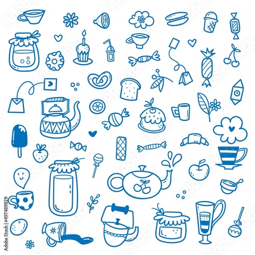 Vector coffee set. Doodle cafe collection. Cute print things food, drinks and utensils.