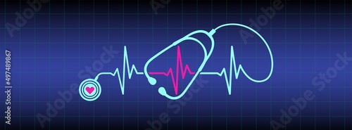 Abstract stethoscope design, pink heart, ekg line illustration background. Healthcare background to use in health industry, cardiology, medical care, hospital, health science projects. 
