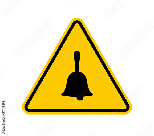 Vector yellow triangle sign - black silhouette bell. Isolated on white background.