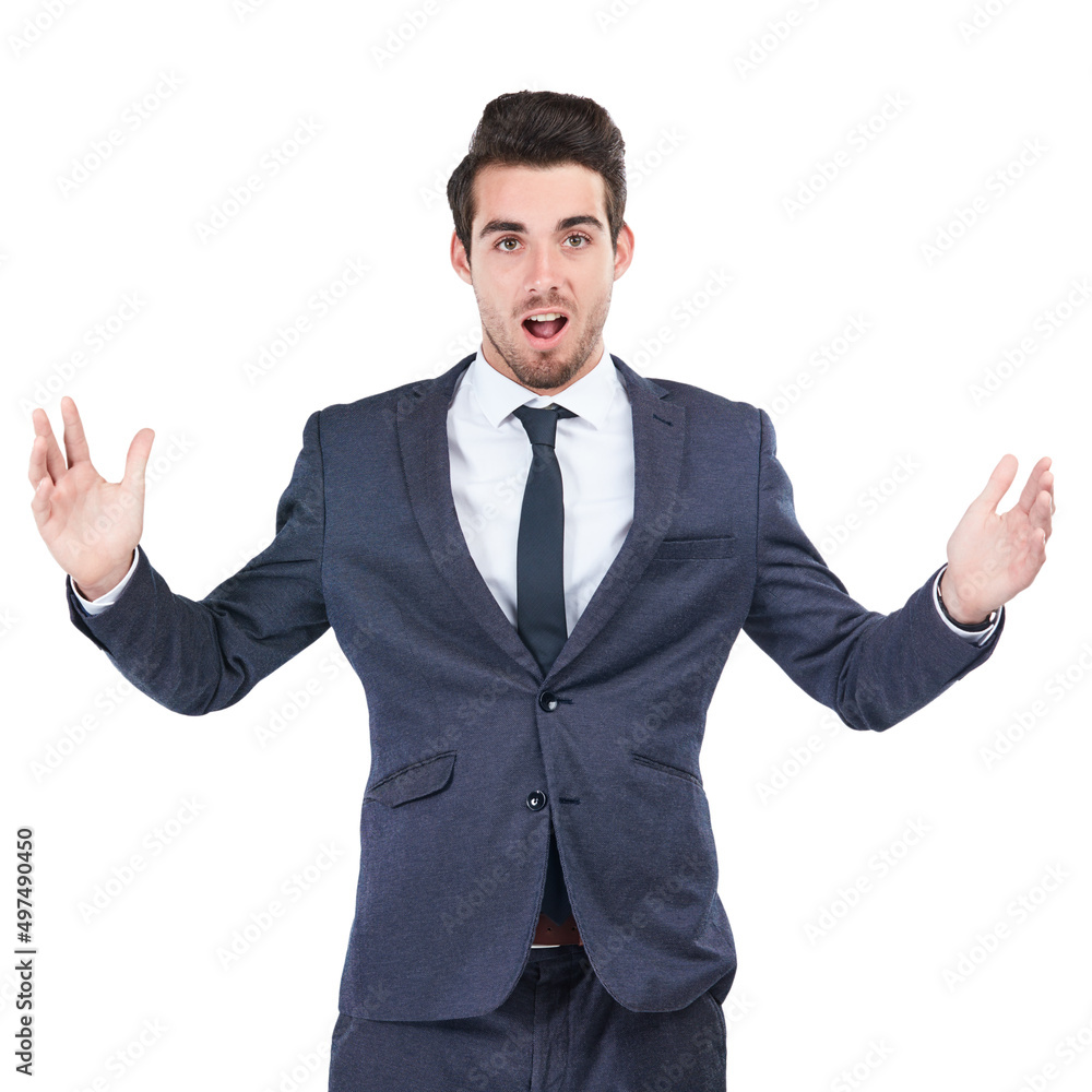 Thats way more than I bargained for. Studio shot of a young businessman looking surprised against a white background. Thats way more than I bargained for. Studio shot of a young businessman looking surprised against a white background.
