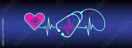 Abstract stethoscope design, pink heart, ekg line illustration background. Healthcare background to use in health industry, cardiology, medical care, hospital, health science projects. 