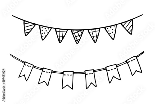 Doodle party bunting flags set for decoration. Black line sketch garlands. Hand drawn vector illustration. Doodle party drawing. Celebration bunting