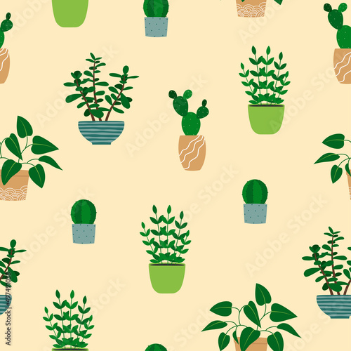 Seamless pattern of houseplants in flowerpots. Cartoon colorful plants on beige background