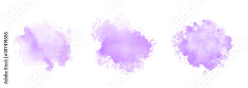 Set of abstract purple watercolor water splash on a white background. Vector watercolour texture in blue color. Ink paint brush stain. Purple soft light blot. Watercolor violet splash