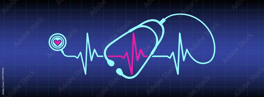 Abstract stethoscope design, pink heart, ekg line illustration background. Healthcare background to use in health industry, cardiology, medical care, hospital, health science projects. 