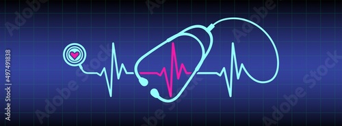 Abstract stethoscope design, pink heart, ekg line illustration background. Healthcare background to use in health industry, cardiology, medical care, hospital, health science projects. 