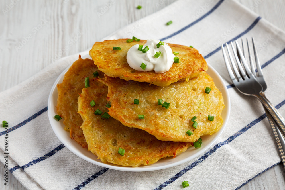 Homemade Boxty Irish Potato Pancakes on a Plate, side view. Homemade Boxty Irish Potato Pancakes on a Plate, side view.