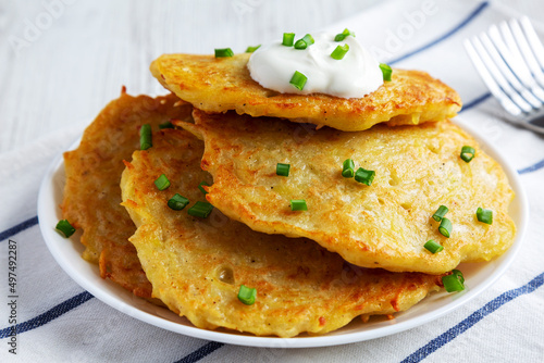 Homemade Boxty Irish Potato Pancakes on a Plate, side view. © Liudmyla