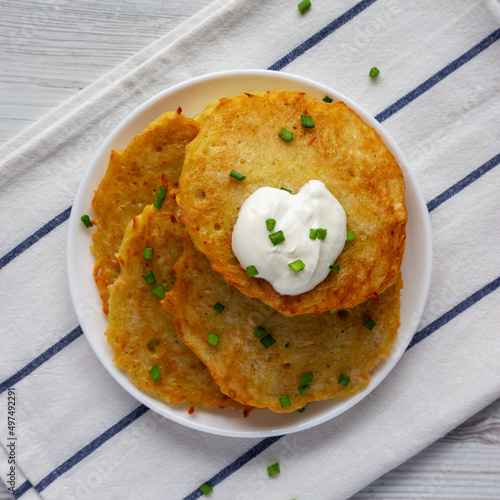 Homemade Boxty Irish Potato Pancakes on a Plate, top view. Flat lay, overhead, from above. © Liudmyla