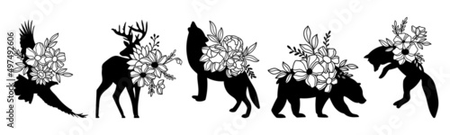 Celestial mystical florals wild animals. Wolf, fox, bear, eagle, deer vector illustration set. Boho magical animals