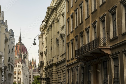 Budapest from Vecsey street near Liberty square. Perspective of old buildings in Budapest, Hungary