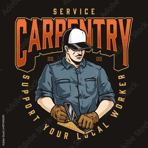 Joinery worker with wood plane label