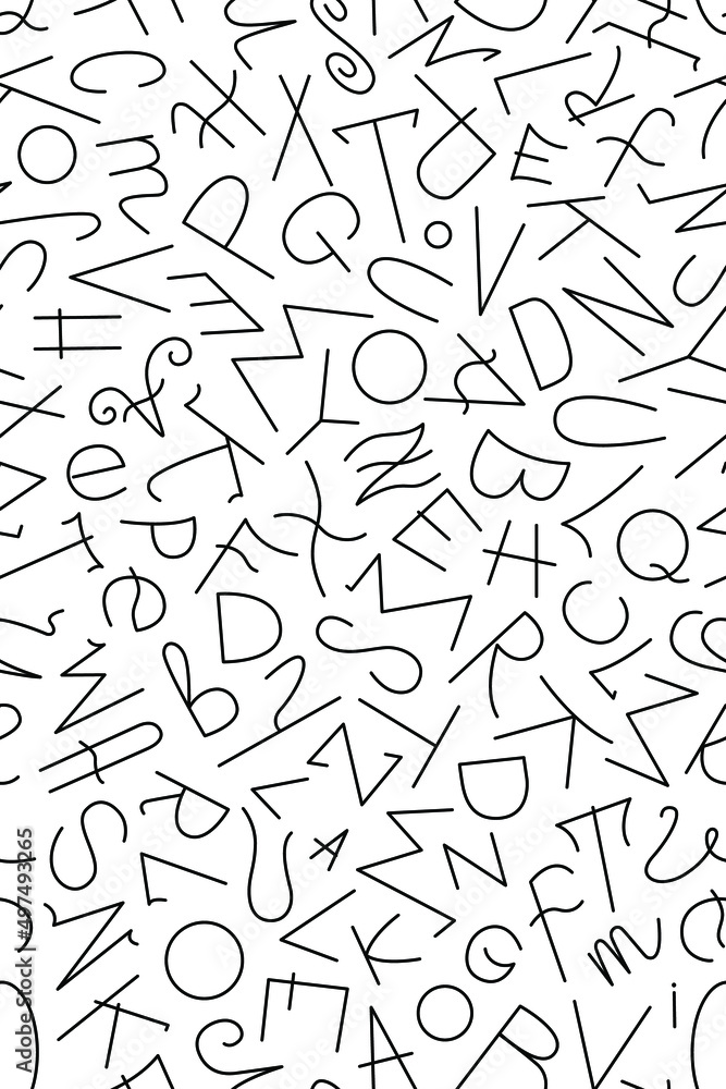 Seamless vector pattern with chaotic  black Latin letters on a white background. Vector illustration.