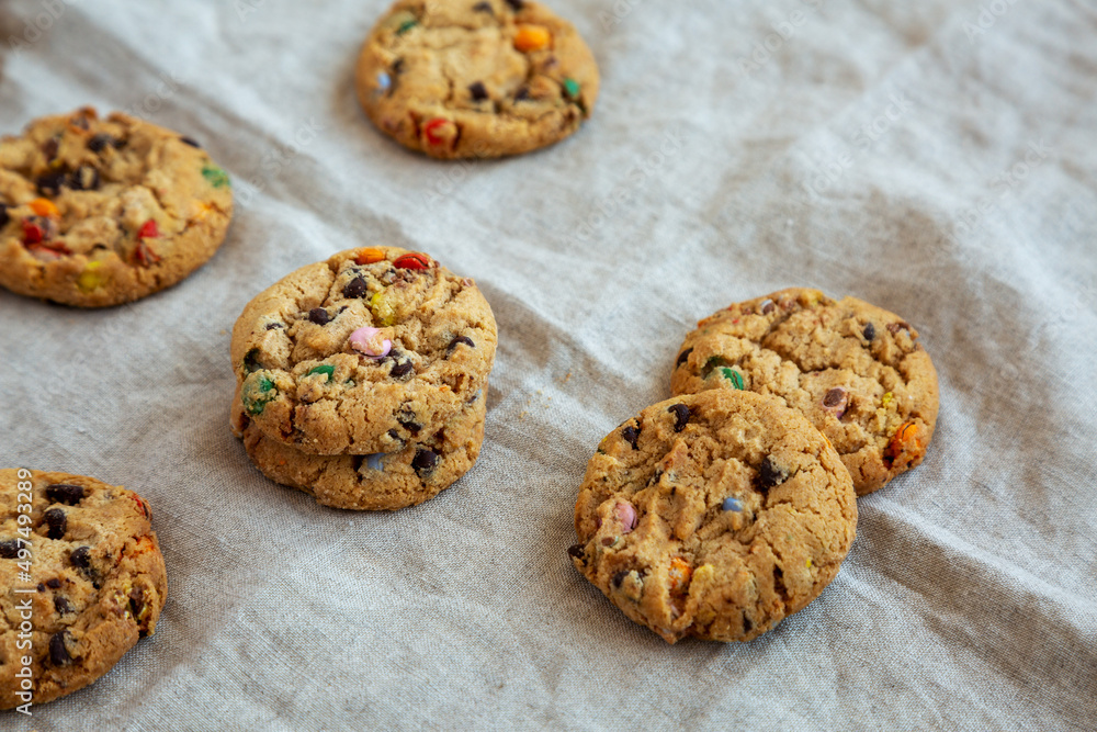 Homemade Chocolate Chip Candy Cookies, low angle view. Copy space. Homemade Chocolate Chip Candy Cookies, low angle view. Copy space.