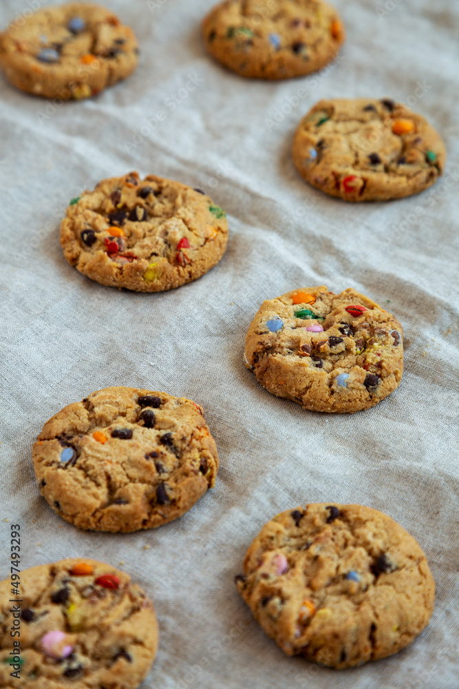 Homemade Chocolate Chip Candy Cookies, low angle view. Homemade Chocolate Chip Candy Cookies, low angle view.