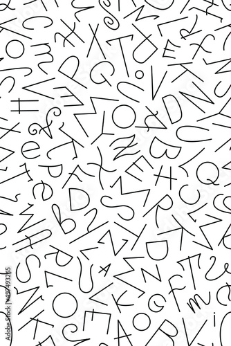 Seamless vector pattern with chaotic black Latin letters on a white background. Vector illustration.