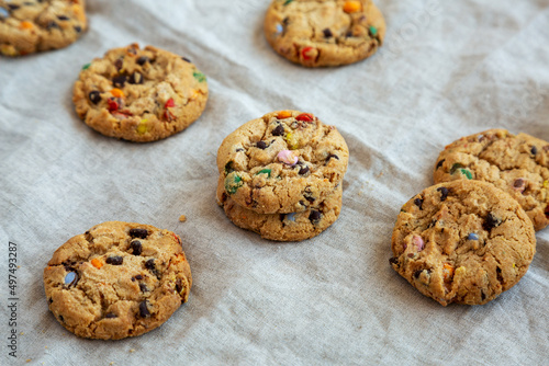 Homemade Chocolate Chip Candy Cookies, side view.