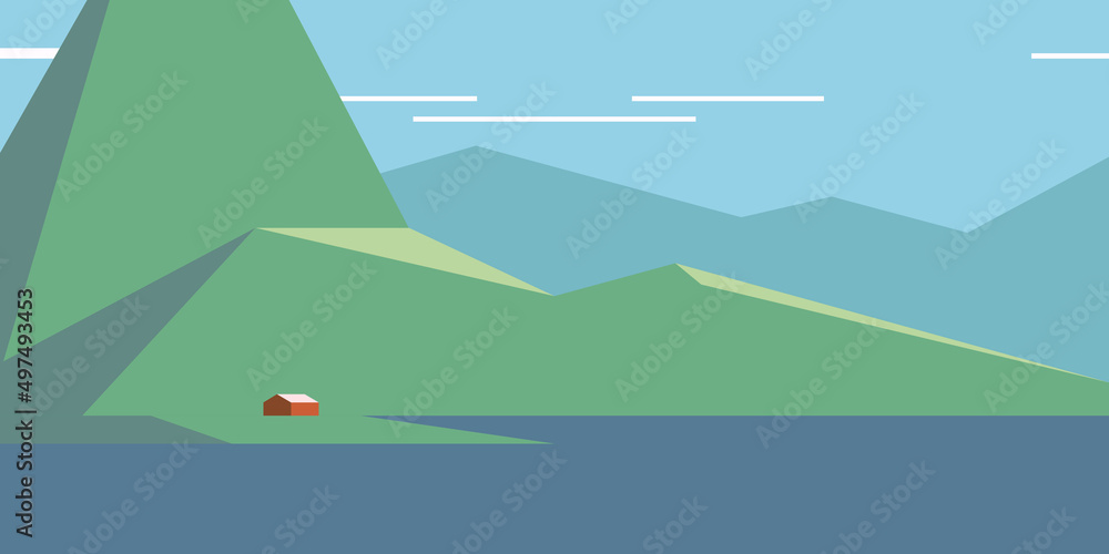 Minimalist Scandinavian landscapes. Set of vector illustrations. Nordic landscape, fishing village, fjords, mountains and sea. Backgrounds for banners, posters, covers. Minimalist Scandinavian landscapes. Set of vector illustrations. Nordic landscape, fishing village, fjords, mountains and sea. Backgrounds for banners, posters, covers.