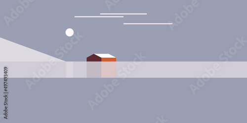 Minimalist Scandinavian landscapes. Set of vector illustrations. Nordic landscape, fishing village, fjords, mountains and sea. Backgrounds for banners, posters, covers.