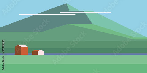 Minimalist Scandinavian landscapes. Set of vector illustrations. Nordic landscape, fishing village, fjords, mountains and sea. Backgrounds for banners, posters, covers. photo
