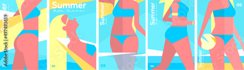 Girls in swimsuits on the beach. Jogging, activity, yoga, surfing. Set of vector illustrations. Beautiful summer beach. Holiday card. Summer vacation.