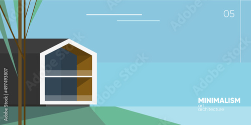 Minimalism architecture art. Modern scandinavian house on the hill. Scandinavian landscape. Vector illustration.