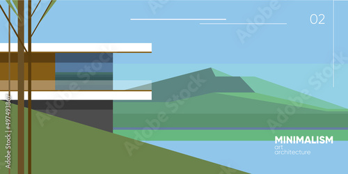 Minimalism architecture art. Modern scandinavian house on the hill. Scandinavian landscape. Vector illustration.