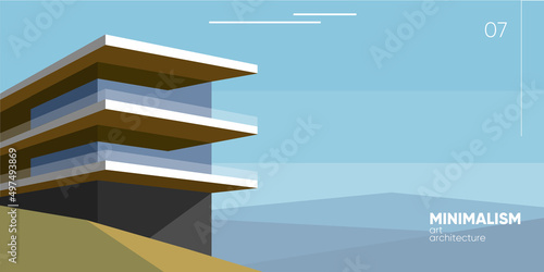 Minimalism architecture art. Modern scandinavian house on the hill. Scandinavian landscape. Vector illustration.