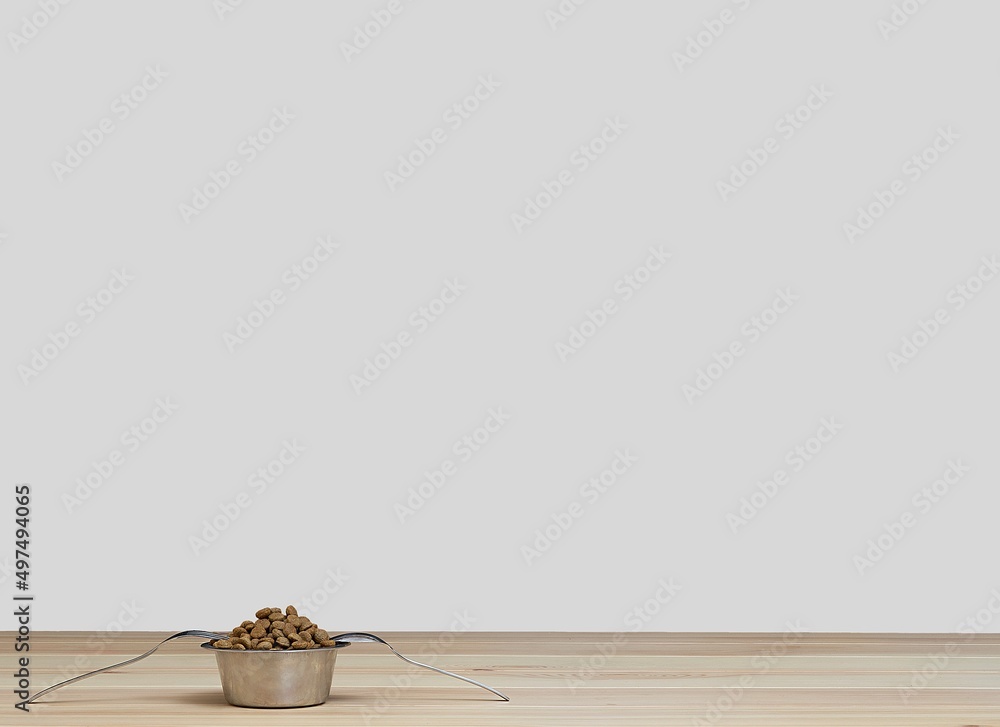 A shiny metal bowl filled with dry dog food stands on a white background and is served with a spoon and fork. Dinner time. A shiny metal bowl filled with dry dog food stands on a white background and is served with a spoon and fork. Dinner time.