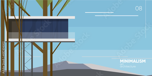 Minimalism architecture art. Modern scandinavian house on the hill. Scandinavian landscape. Vector illustration.