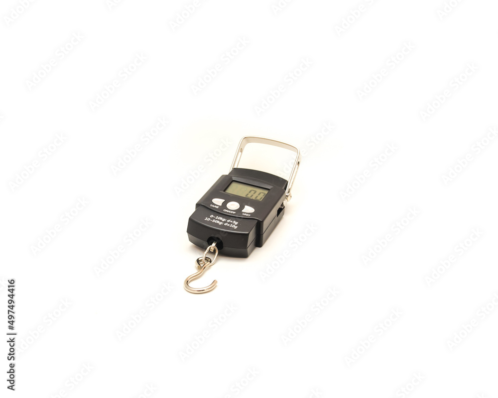 Close up display number on digital hanging fishing scale with retractable handle and foldable hook isolated on white Close up display number on digital hanging fishing scale with retractable handle and foldable hook isolated on white