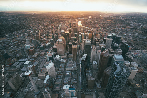 Aerial view of downtown with the sunset photo