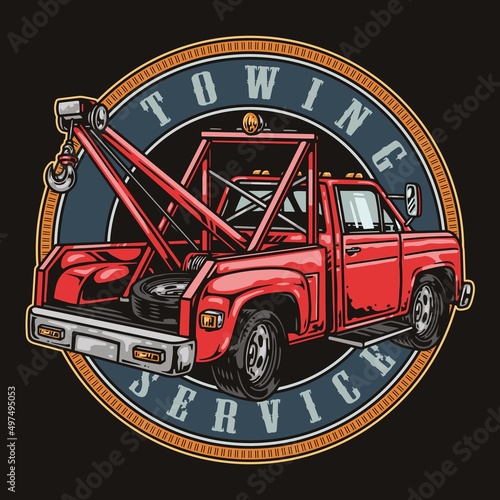 Red tow truck colorful badge