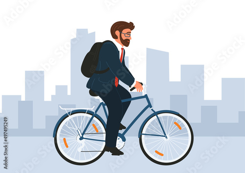 Fototapeta Naklejka Na Ścianę i Meble -  Businessman in formal clothes on bike. Man cycling in city