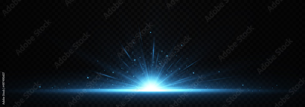 Horizontal bursts of exploding star. Bright light rays. Flare, light and spark.
