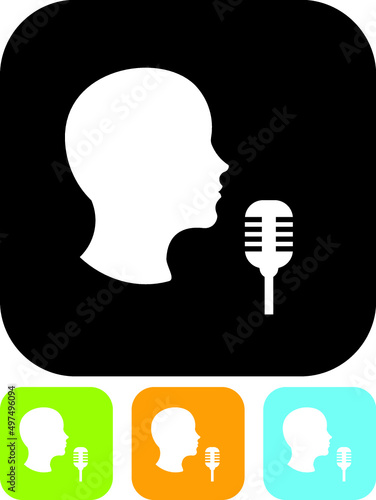 Man speaking or singing in microphone. Vector person with mic icon isolated