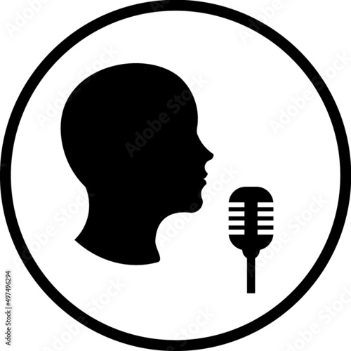 Man speaking or singing in microphone. Vector person with mic icon isolated