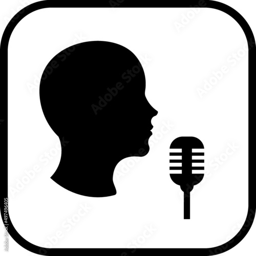 Man speaking or singing in microphone. Vector person with mic icon isolated
