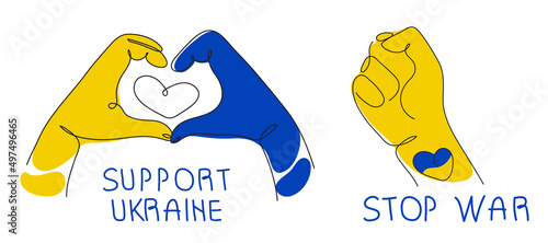 Vector set illustration with hands signs and lettering STOP WAR, Support UKRAINE. Global politics, NO WAR, aggression problem picture in continuous line art style