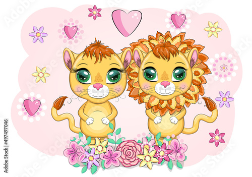 baby shower invitation for boy and girl.Blue and pink chevron background with Cute cartoon lion and lioness with big eyes in a bright style of children.