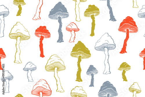 Amanita choky inedible mushrooms seamless pattern vector illustration. photo